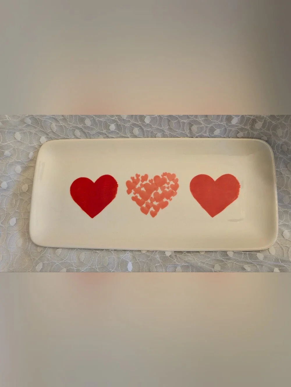 NWT AT HOME Heart Accent Ceramic Tray - White with Red / Pink Hearts